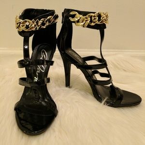 Black Patent Leather Heels W/Gold Chain